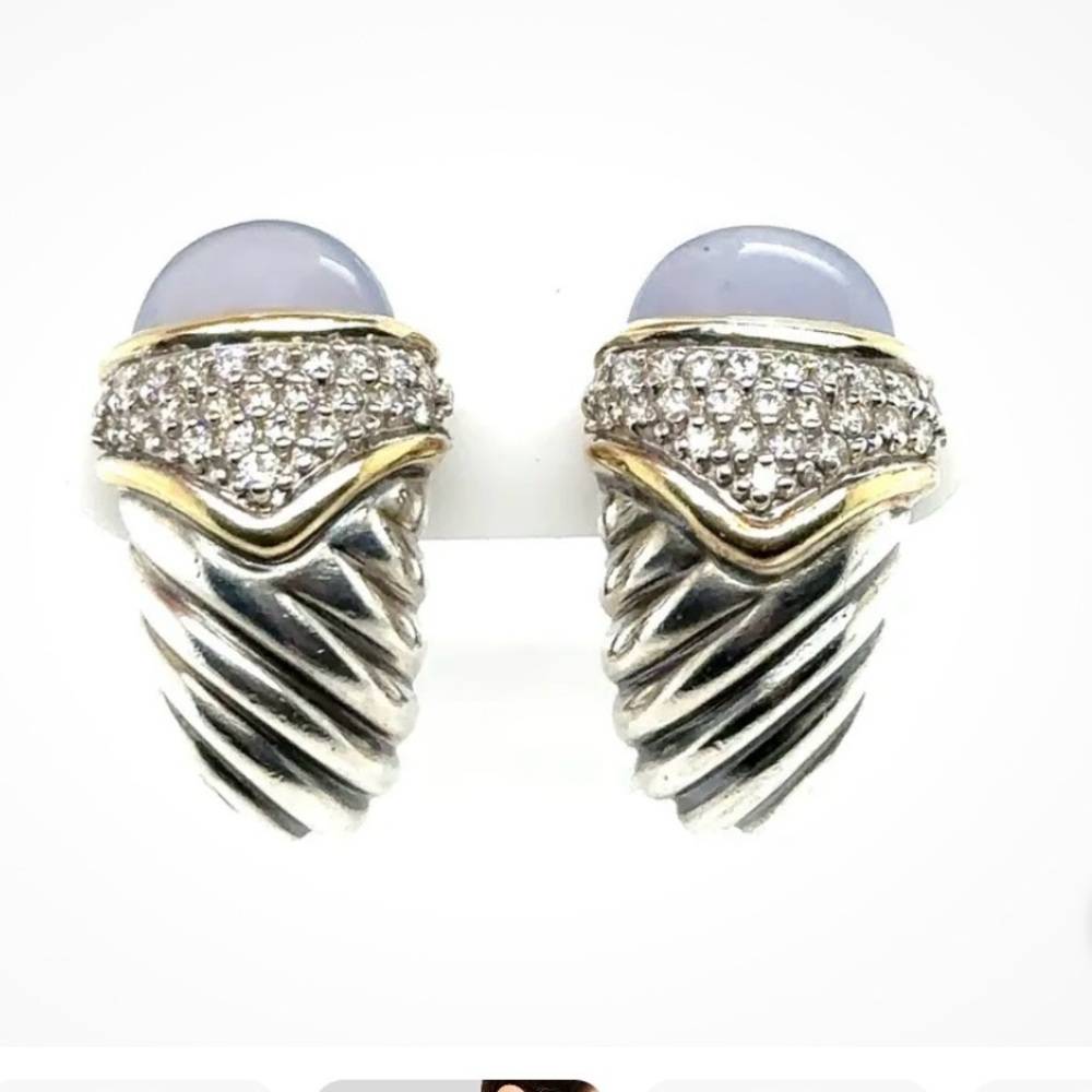 David Yurman Sterling Silver, gold and  Chalcedony & Diamond Shrimp Earrings